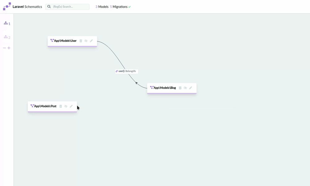 Laravel Schematics showing model relationships being created visually