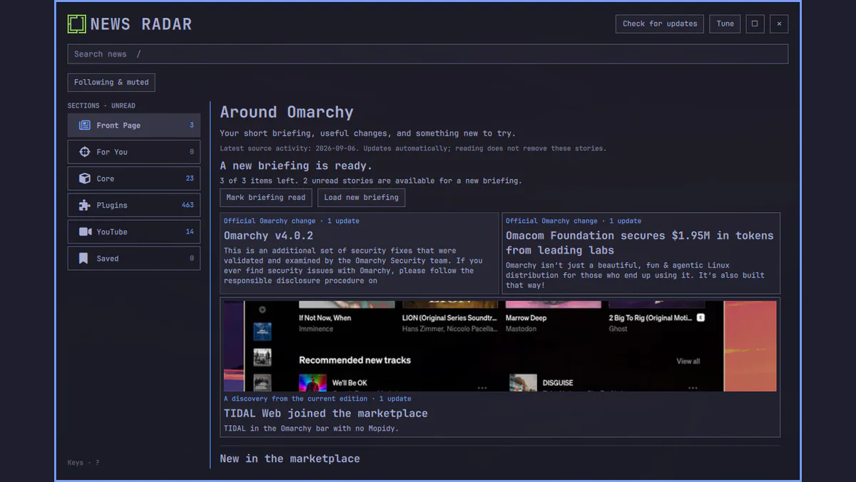 Omarchy News Radar preview in the Omarchy Plugin Marketplace