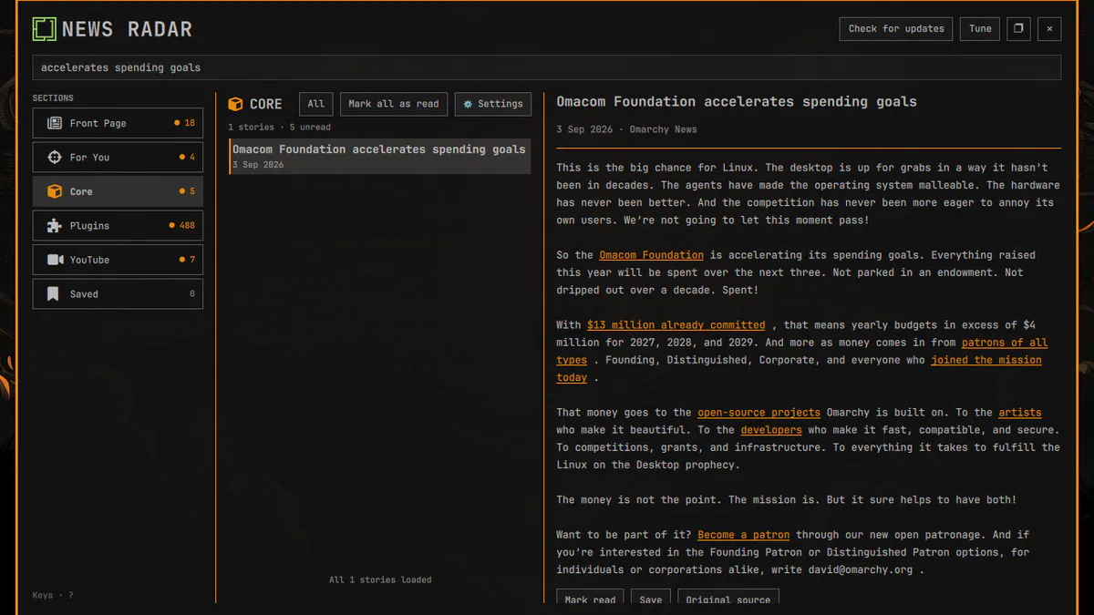 Omarchy News Radar preview in the Omarchy Plugin Marketplace
