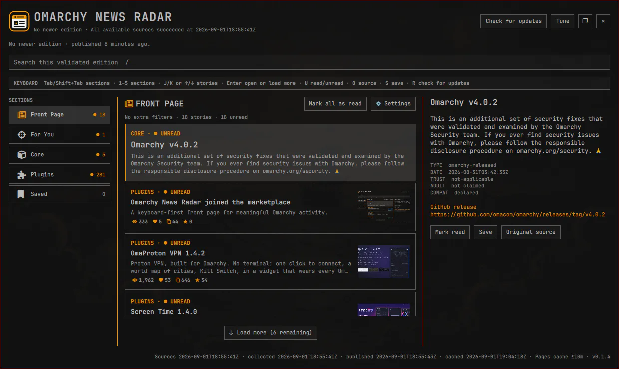 Omarchy News Radar preview in the Omarchy Plugin Marketplace