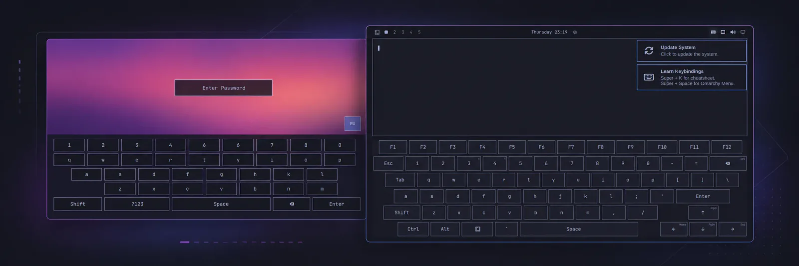 Omarchy on-screen keyboards shown on the login screen and desktop