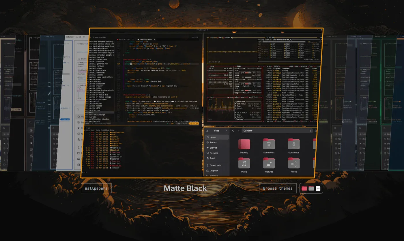 Omarchy Theme Manager previewing the Aetheria theme in the native full-screen picker