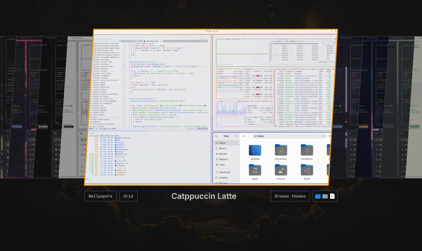 Omarchy Theme Manager previewing the Aetheria theme in the native full-screen picker