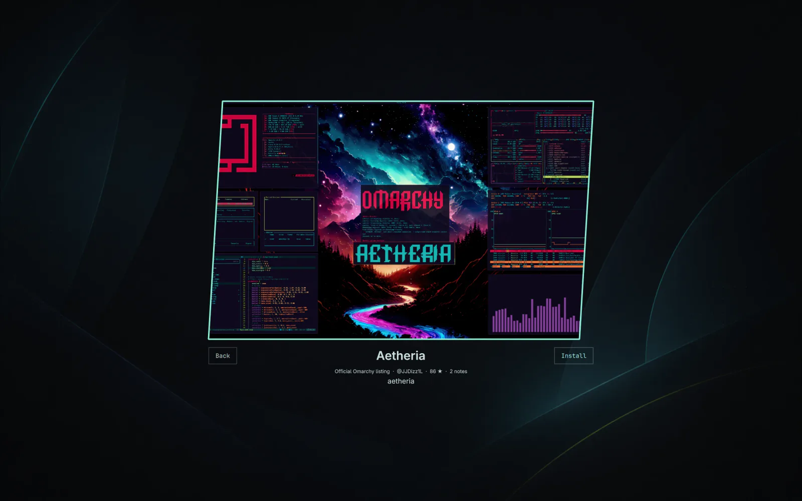 Omarchy Theme Manager previewing the Aetheria theme in the native full-screen picker